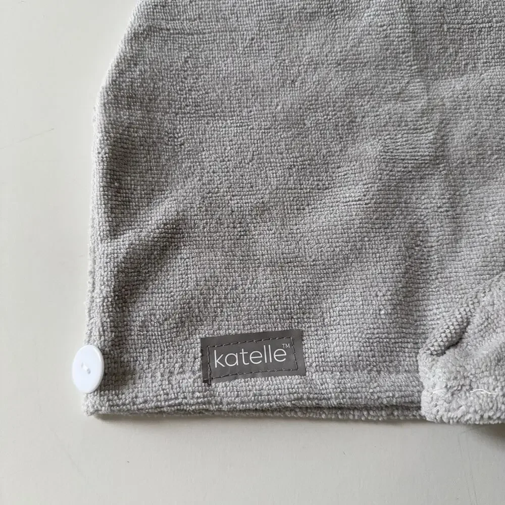 NIB Katelle Spa Hair Towel Wrap‎ Gray Microfiber Button Closure 23” x 9”